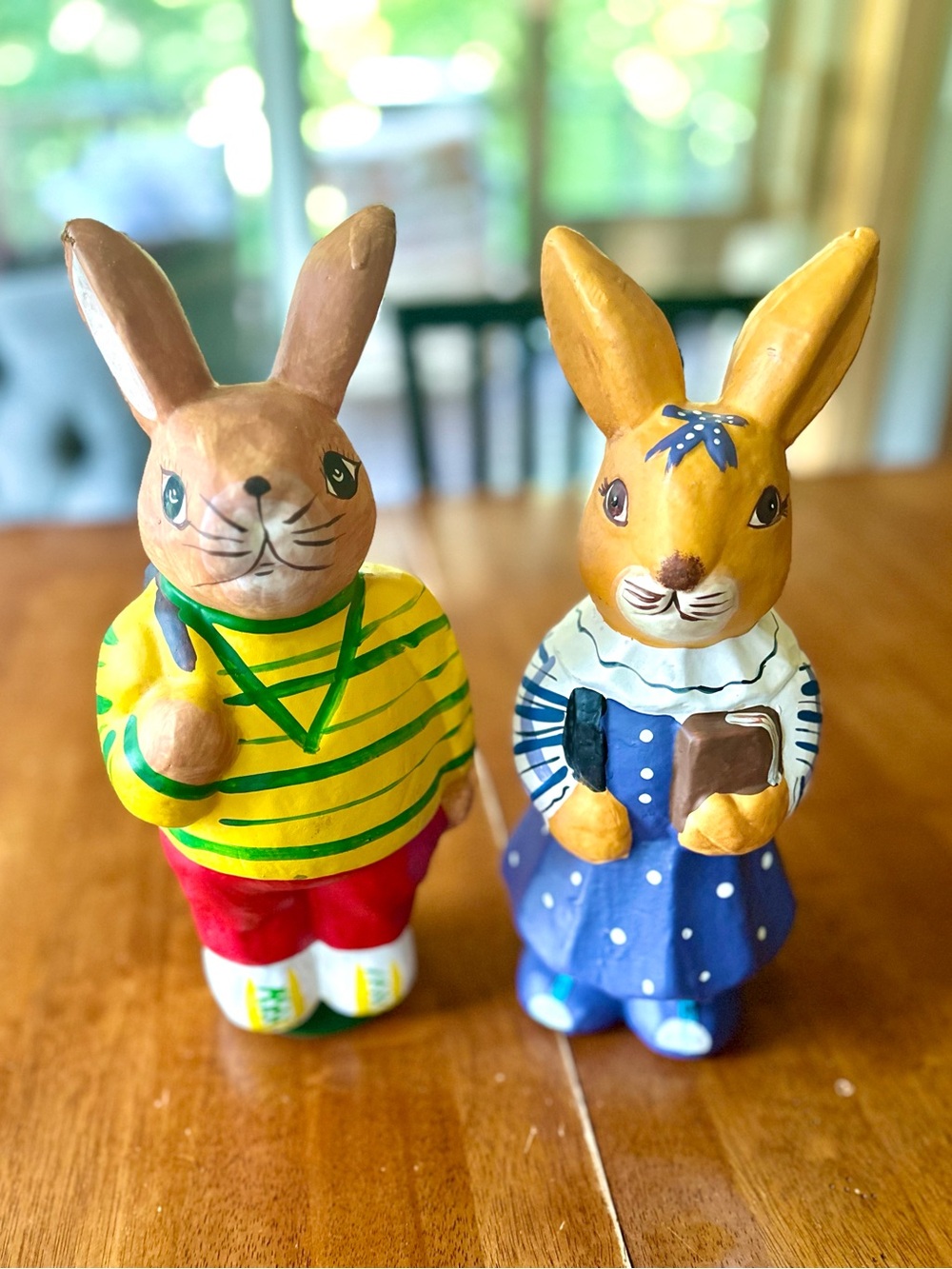 GERMAN Easter Bunny Figurine Pair Vtg Mold Chalkware Style Decor -Centerpiec